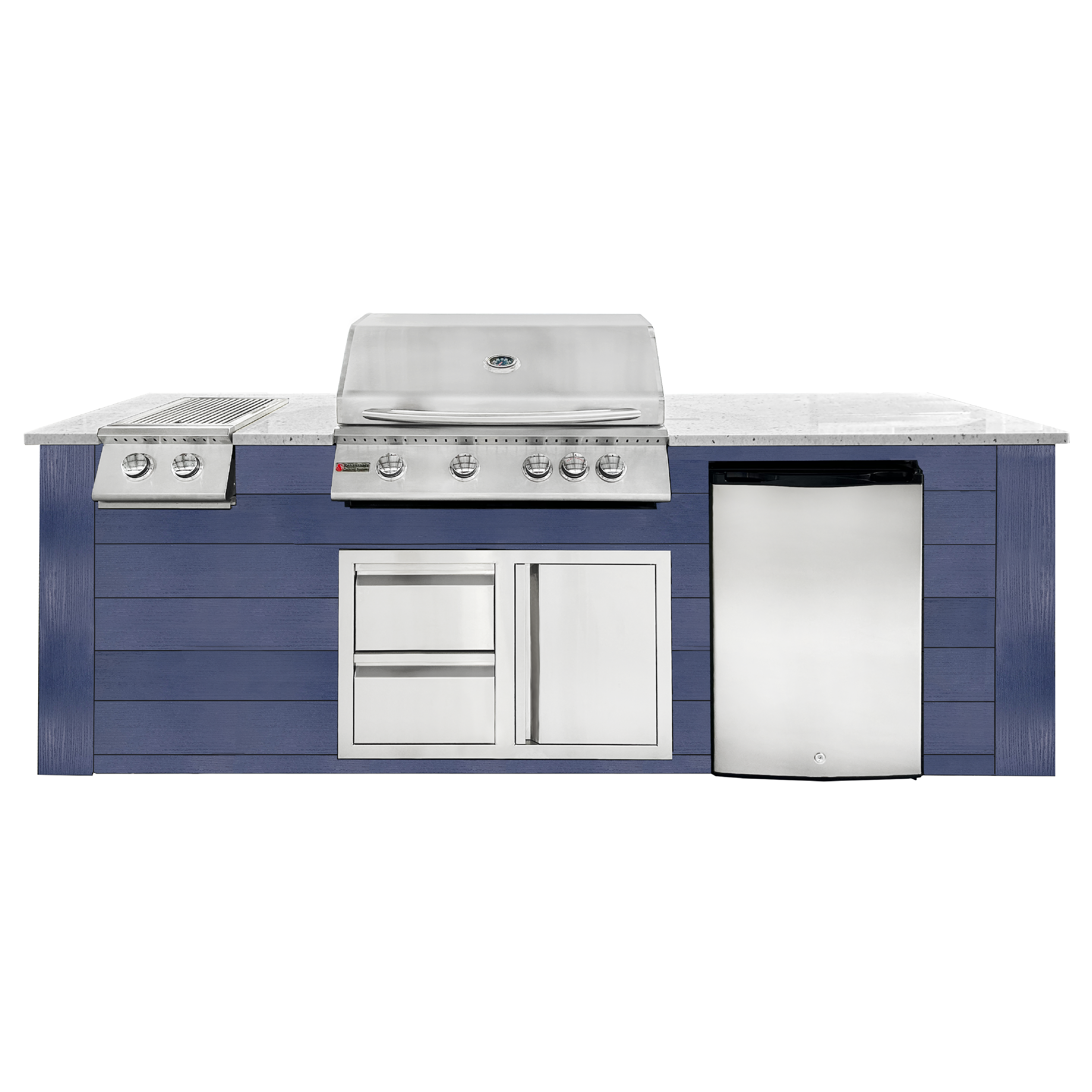 Image of 8ft Outdoor Kitchen - Blue Cabinet w/ White Granite Countertop