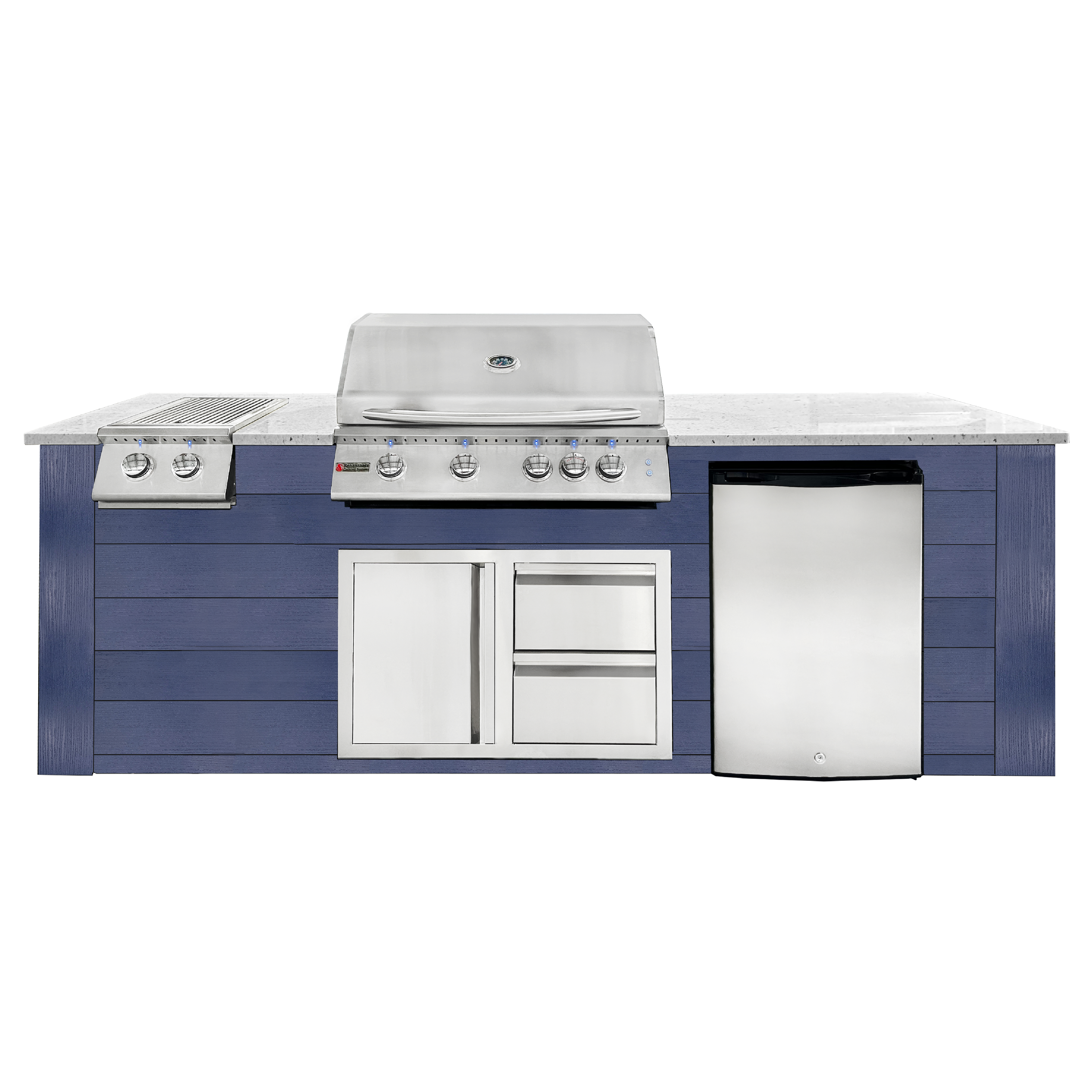 Image of 8ft Outdoor Kitchen - Blue Cabinet w/ White Granite Countertop