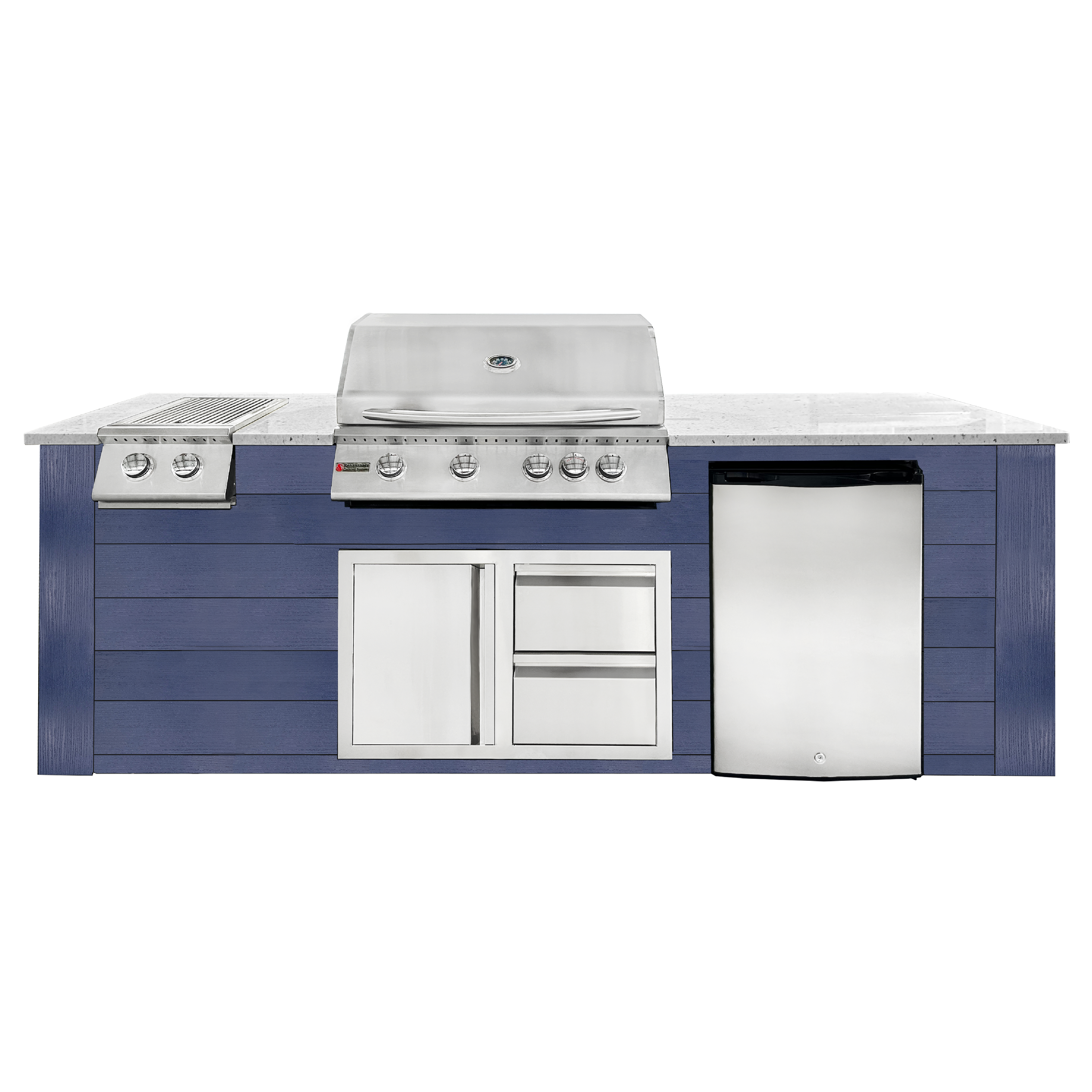 Image of 8ft Outdoor Kitchen - Blue Cabinet w/ White Granite Countertop